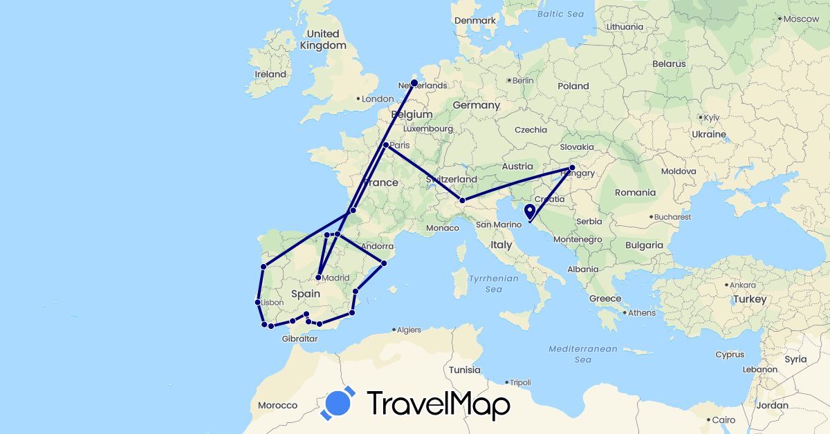 TravelMap itinerary: driving in Spain, France, Croatia, Hungary, Italy, Netherlands, Portugal (Europe)